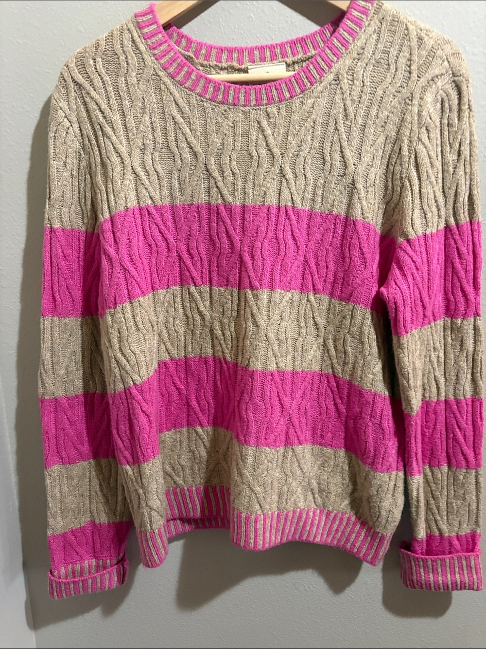 St. John's Bay Pink and Beige Striped Cable Knit Crewneck Sweater (medium)
